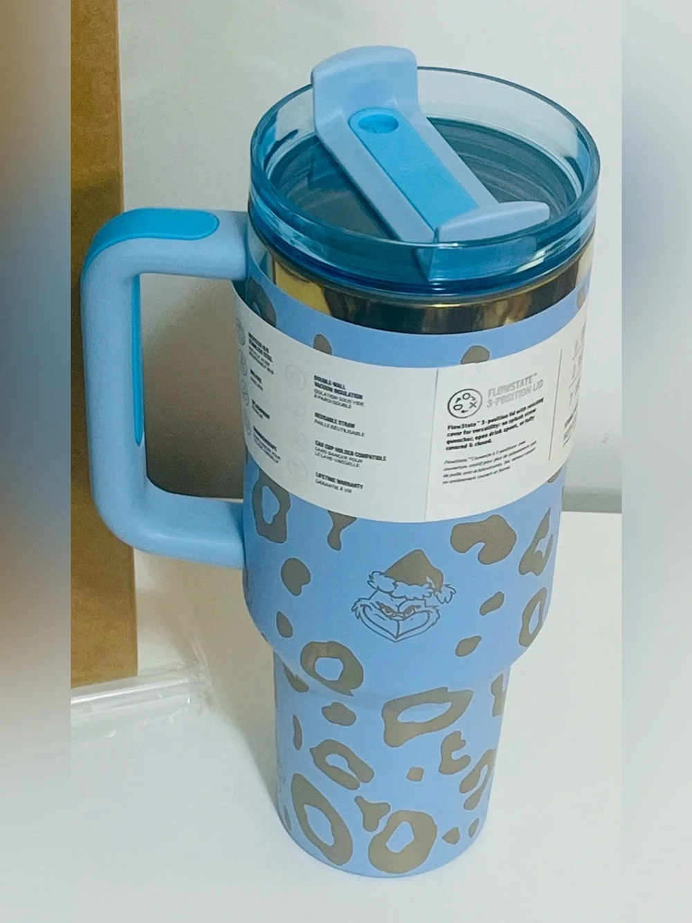 Stanley Quencher H2.0 40oz Tumbler - Baby Blue with Leopard & Grinch Print